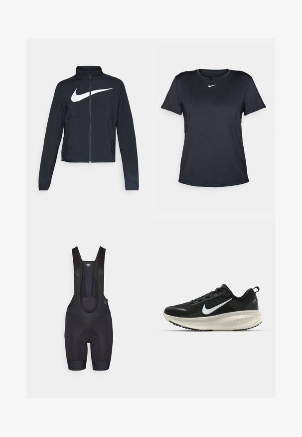 Melnā sporta jaka ar pilnu rāvējslēdzēju, augstu apkakli, garām piedurknēm un lielu baltu Nike swoosh logotipu krūšu daļā.; Melns Nike T-krekls ar īsām piedurknēm un apaļu kakla izgriezumu, izgatavots no gludas auduma, ar mazu baltu logo uz krūtīm.; Melni velosipēdu bikses ar regulējamiem siksnām, mīksts sēdeklis komfortam un eleganta, mitrumu spiedoša auduma aktīvai valkāšanai.; Melnas Nike skriešanas kurpes ar elpojošu acs augšdaļu, baltu Swoosh logotipu, strukturētu apdari un krēmkrāsas ZoomX starpsole.