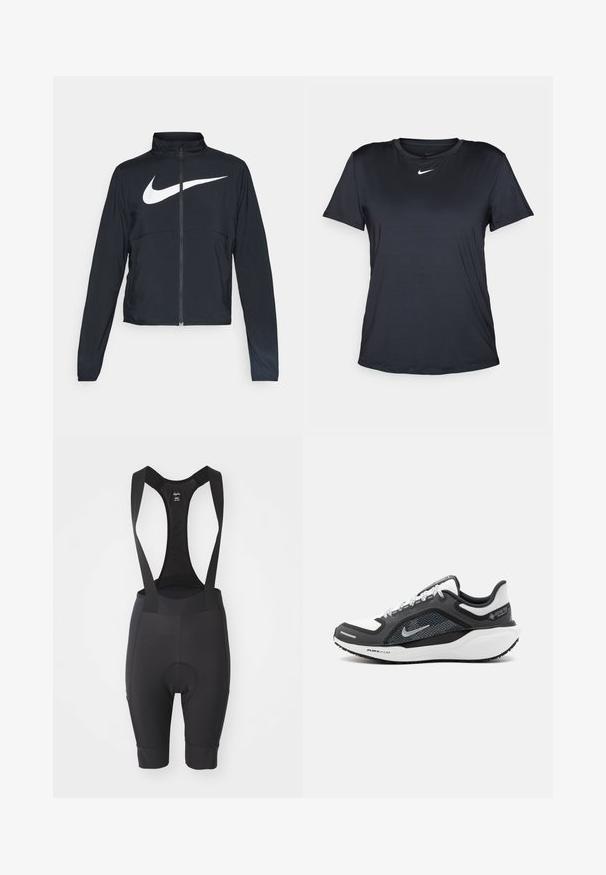 Melnā sporta jaka ar pilnu rāvējslēdzēju, augstu apkakli, garām piedurknēm un lielu baltu Nike swoosh logotipu krūšu daļā.; Melns Nike T-krekls ar īsām piedurknēm un apaļu kakla izgriezumu, izgatavots no gludas auduma, ar mazu baltu logo uz krūtīm.; Melni velosipēdu bikses ar regulējamiem siksnām, mīkstu sēžamvietu un elastīgu audumu, kas nodrošina komfortu. Gluda tekstūra ar pieguļošu dizainu.; Nike kedas ar melnbaltu krāsu shēmu, elpojošu augšdaļu un sudraba akcentiem. Gumijas zole ar "Air Zoom" zīmolu, teksturēta labākai saķerei.