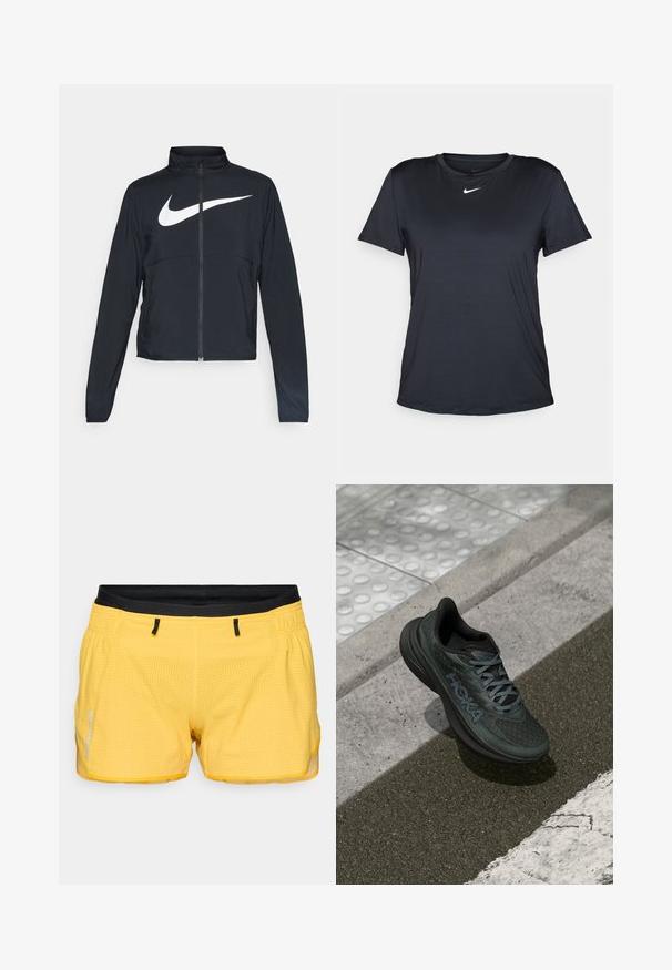 Juodas sportinis džemperis su visiškai užtraukiama užtrauktuku, aukšta apykakle, ilgomis rankovėmis ir dideliu baltu Nike swoosh logotipu per krūtinę.; Juoda Nike trumpomis rankovėmis marškinėliai su apvalia iškirpte, pagaminti iš lygaus audinio, ant krūtinės esantis mažas baltas logotipas.; Geltonos sportinės šortai su tekstūruotu tinkline medžiaga, juodu elastingu juosmeniu ir atspindinčiomis detalėmis. Įrengti du šoniniai kišeniai.; Juodas bėgimo batelis su tinkline viršutine dalimi, tekstūruotomis akcentais ir logotipu, su paminkštintu padu ir pilkomis raištelėmis, padėtas ant asfalto.