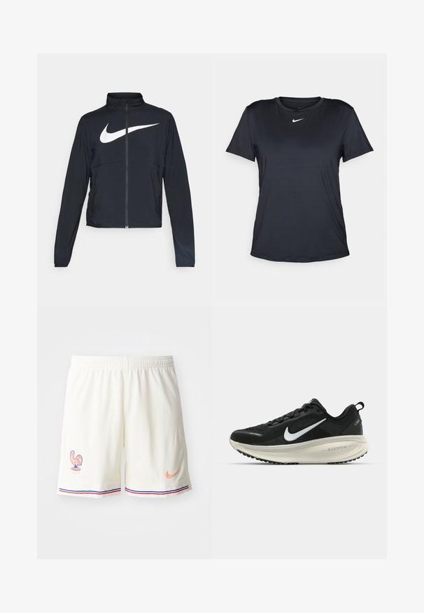 Črna športna jakna z polnim zadrgo, visokim ovratnikom, dolgimi rokavi in velikim belim logotipom Nike swoosh čez prsi.; Črna Nike majica s kratkimi rokavi, okrolim izrezom, izdelana iz gladkega materiala, z majhnim belim logotipom na prsih.; Bela atletska kratka hlača z teksturirano tkanino, emblemom petelina in kontrastnimi modrimi ter rdečimi črtami na robu. Nike logo v breskev barvi.; Črne Nike tekaške čevlje z zračno mrežno zgornjim delom, belim logotipom Swoosh, teksturiranimi detajli in smetanasto barvnim srednjim delom ZoomX.