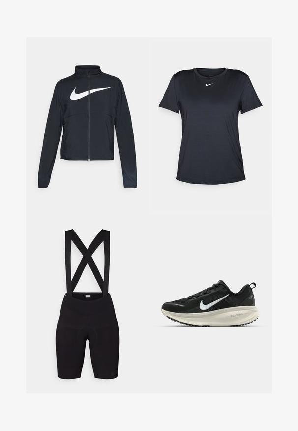 Črna športna jakna z polnim zadrgo, visokim ovratnikom, dolgimi rokavi in velikim belim logotipom Nike swoosh čez prsi.; Črna Nike majica s kratkimi rokavi, okrolim izrezom, izdelana iz gladkega materiala, z majhnim belim logotipom na prsih.; Črne kolesarske kratke hlače z X-oblikovanimi naramnicami, narejene iz elastičnega materiala. Imajo oblazinjeno območje za sedenje in gladko teksturo.; Črne Nike tekaške čevlje z zračno mrežno zgornjim delom, belim logotipom Swoosh, teksturiranimi detajli in smetanasto barvnim srednjim delom ZoomX.