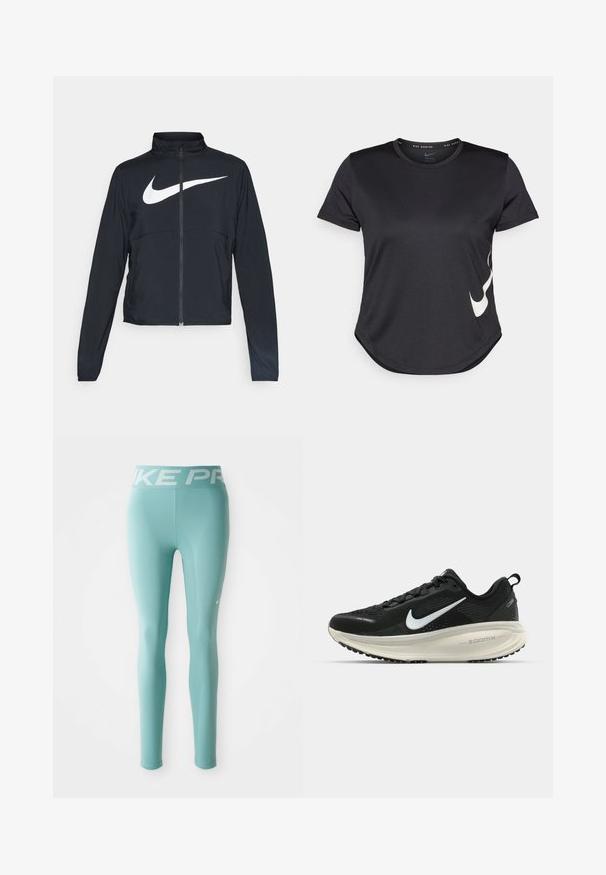 Casaco desportivo preto com fecho éclair completo, gola alta, mangas longas e grande logótipo branco da Nike na parte frontal.; T-shirt atlético preto de mangas curtas, com o logótipo swoosh em branco da Nike na parte inferior e uma barra arredondada.; Leggings atléticos de comprimento total em azul claro, com uma cintura branca da Nike Pro e um pequeno swoosh branco da Nike na coxa direita.; Sapatilha de corrida Nike preta com parte superior de malha respirável, logotipo Swoosh branco, detalhes texturizados e uma entressola ZoomX na cor creme.