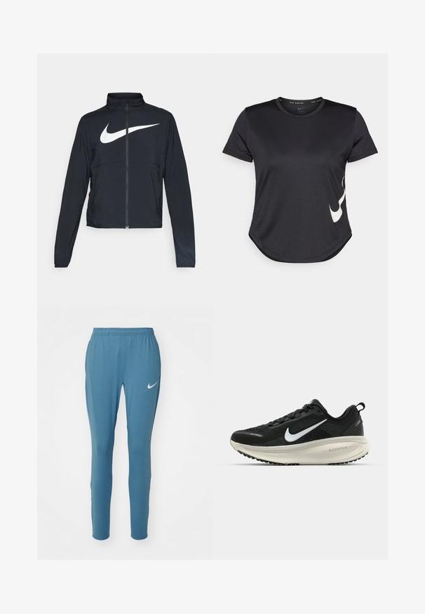 Zwarte sportjas met volledige rits, hoge kraag, lange mouwen en groot wit Nike swoosh-logo op de borst.; Zwarte sportieve T-shirt met korte mouwen, voorzien van een witte Nike swoosh-logo aan de onderzijde en een ronde zoom.; Blauwe sportbroek met een slanke pasvorm, elastische tailleband en een klein wit Nike-logo op de linker bovenbeen. Glad, lichtgewicht materiaal.; Zwarte Nike hardloopschoen met ademend mesh bovenwerk, witte swoosh-logo, gestructureerde details en een crèmekleurige ZoomX middenzool.