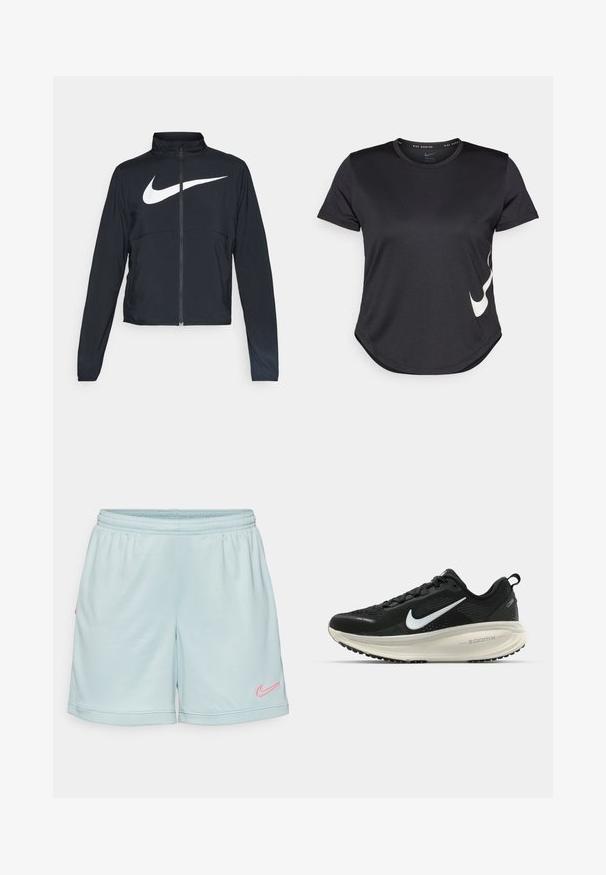 Čierna športová bunda na zips s vysokým golierom, dlhými rukávmi a veľkým bielym logom Nike na hrudi.; Čierne športové tričko s krátkym rukávom, s bielym logom Nike swoosh na spodnej strane a zaobleným lemom.; Svetlomodré športové šortky s elastickým pásom, na boku so ružovým logom Nike a so sieťovinovou štruktúrou na leme.; Čierne bežecké topánky Nike s priedušnou sieťovinou, bielym logom s symbolom swoosh, textúrovanými detailmi a krémovou ZoomX medzipodrážkou.