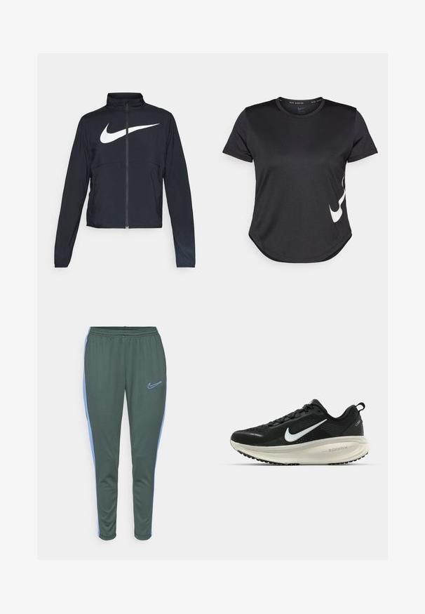 Melnā sporta jaka ar pilnu rāvējslēdzēju, augstu apkakli, garām piedurknēm un lielu baltu Nike swoosh logotipu krūšu daļā.; Melnas sporta T-krekls ar īsām piedurknēm, kuram uz apakšējās daļas ir balts Nike swoosh logotips un noapaļota apakšmala.; Nike Performance ACADEMY PANTS - Treniņtērpa apakšdaļas - vintage green/royal pulse; Melnas Nike skriešanas kurpes ar elpojošu acs augšdaļu, baltu Swoosh logotipu, strukturētu apdari un krēmkrāsas ZoomX starpsole.