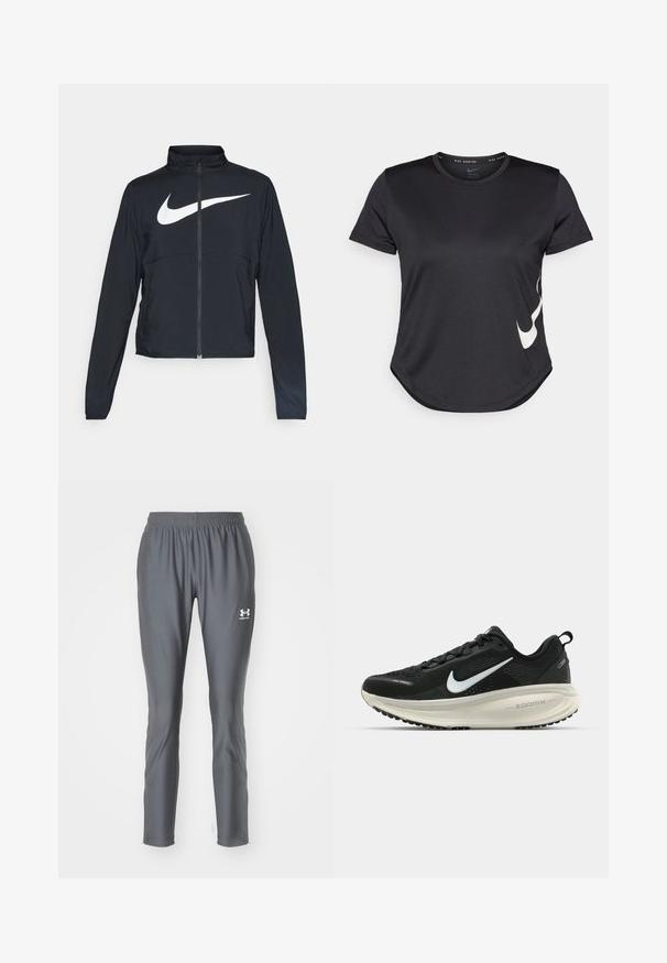 Svart joggebund med hel glidelås, høy krage, lange ermer og stort hvitt Nike swoosh-logo over brystet.; Svart treningst-skjorte med korte ermer, med en hvit Nike swoosh-logo på den nedre siden og en avrundet kant.; Grå treningbukser laget av glatt, lett materiale med elastisk midje og smalere ben, med en liten hvit logo.; Svart Nike løpesko med pustende mesh-overdel, hvit swoosh-logo, teksturert detaljer og en kremfarget ZoomX mellomsåle.