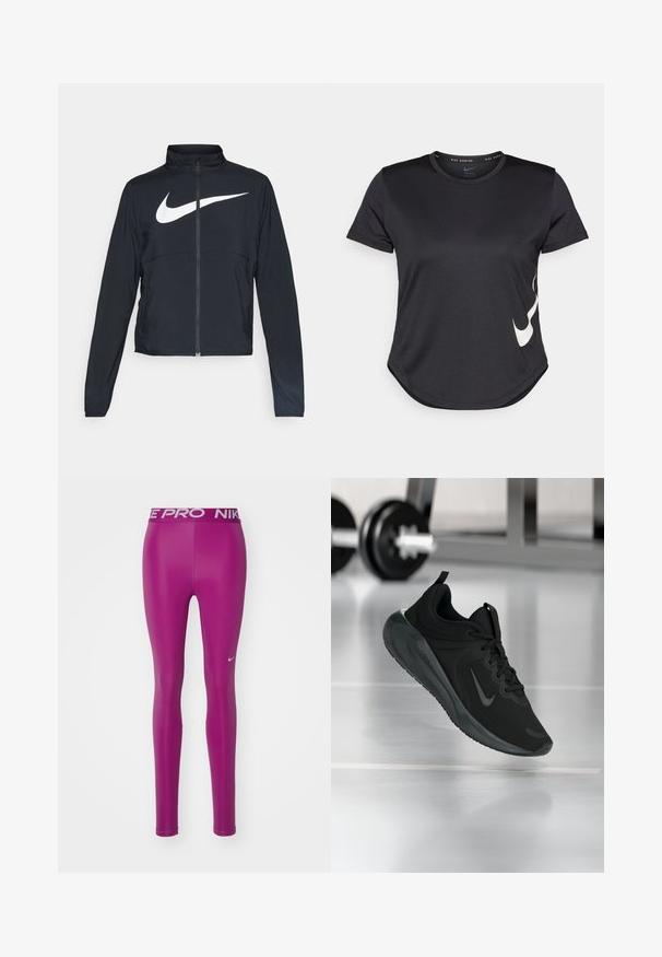 Melnā sporta jaka ar pilnu rāvējslēdzēju, augstu apkakli, garām piedurknēm un lielu baltu Nike swoosh logotipu krūšu daļā.; Melnas sporta T-krekls ar īsām piedurknēm, kuram uz apakšējās daļas ir balts Nike swoosh logotips un noapaļota apakšmala.; Nike Performance 365 - Legingi - hot fuchsia/white; Melnas sporta kedas ar Nike logo, rādot gaisā uz sporta zāles grīdas, ar izplūdušu hantelēm fona.