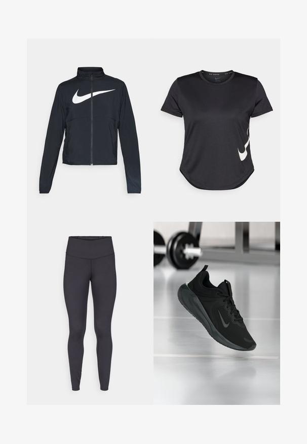 Zwarte sportjas met volledige rits, hoge kraag, lange mouwen en groot wit Nike swoosh-logo op de borst.; Zwarte sportieve T-shirt met korte mouwen, voorzien van een witte Nike swoosh-logo aan de onderzijde en een ronde zoom.; Hoge taille zwarte leggings gemaakt van rekbaar materiaal, met een gladde textuur en een gestroomlijnde pasvorm met minimale naden.; Zwarte sportsneaker met Nike-logo, weergegeven in de lucht boven de gymvloer, met een vervaagde halterrek op de achtergrond.