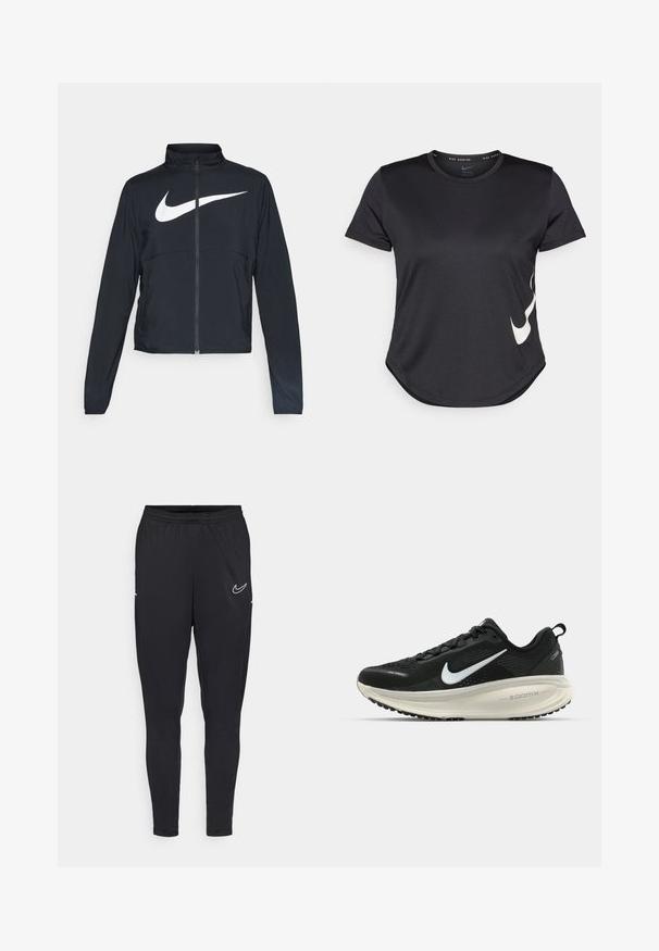 Melnā sporta jaka ar pilnu rāvējslēdzēju, augstu apkakli, garām piedurknēm un lielu baltu Nike swoosh logotipu krūšu daļā.; Melnas sporta T-krekls ar īsām piedurknēm, kuram uz apakšējās daļas ir balts Nike swoosh logotips un noapaļota apakšmala.; Melnas sporta bikses, izgatavotas no viegla auduma, ar elastīgu jostasvietu, pieguļošu dizainu un baltu Nike logu uz augšstilba.; Melnas Nike skriešanas kurpes ar elpojošu acs augšdaļu, baltu Swoosh logotipu, strukturētu apdari un krēmkrāsas ZoomX starpsole.
