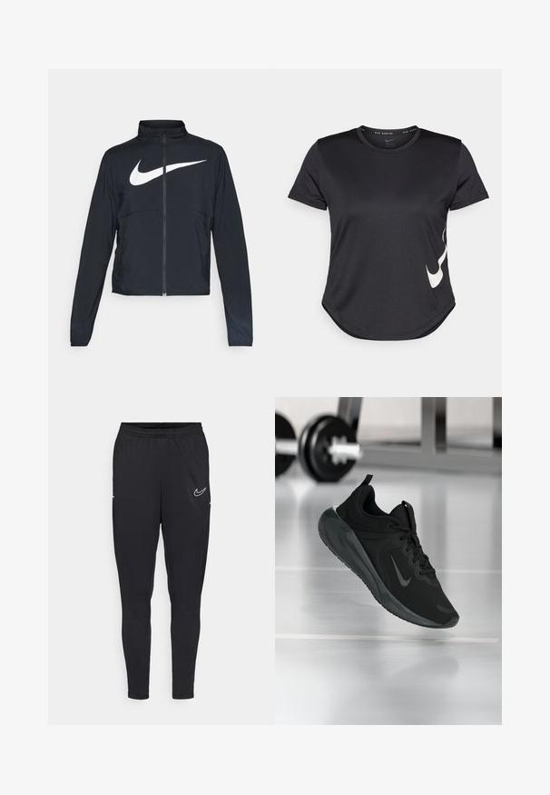 Melnā sporta jaka ar pilnu rāvējslēdzēju, augstu apkakli, garām piedurknēm un lielu baltu Nike swoosh logotipu krūšu daļā.; Melnas sporta T-krekls ar īsām piedurknēm, kuram uz apakšējās daļas ir balts Nike swoosh logotips un noapaļota apakšmala.; Melnas sporta bikses, izgatavotas no viegla auduma, ar elastīgu jostasvietu, pieguļošu dizainu un baltu Nike logu uz augšstilba.; Melnas sporta kedas ar Nike logo, rādot gaisā uz sporta zāles grīdas, ar izplūdušu hantelēm fona.