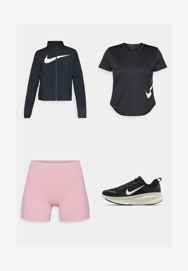 Črna športna jakna z polnim zadrgo, visokim ovratnikom, dolgimi rokavi in velikim belim logotipom Nike swoosh čez prsi.; Črna atletska majica s kratkimi rokavi, z belim Nike swoosh logotipom na spodnji strani in okroglo obrobo.; Nike Performance ONE SHORT - Pajkice - elemental pink/black; Črne Nike tekaške čevlje z zračno mrežno zgornjim delom, belim logotipom Swoosh, teksturiranimi detajli in smetanasto barvnim srednjim delom ZoomX.