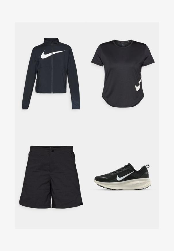 Čierna športová bunda na zips s vysokým golierom, dlhými rukávmi a veľkým bielym logom Nike na hrudi.; Čierne športové tričko s krátkym rukávom, s bielym logom Nike swoosh na spodnej strane a zaobleným lemom.; Čierne šortky vyrobené z ľahkého materiálu, s gombíkovým zapínaním a dvoma bočnými vreckami. Jednoduchý dizajn s čistými líniami a minimalistickým detailom.; Čierne bežecké topánky Nike s priedušnou sieťovinou, bielym logom s symbolom swoosh, textúrovanými detailmi a krémovou ZoomX medzipodrážkou.