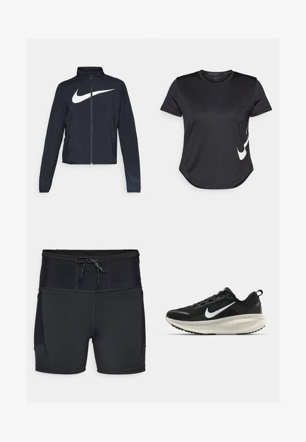 Chaqueta deportiva negra de cremallera completa con cuello alto, mangas largas y gran logo de Nike en blanco en el pecho.; Camiseta deportiva negra de manga corta, con un logo de swoosh blanco de Nike en el lado inferior y un dobladillo redondeado.; Pantalones cortos deportivos negros con una cintura alta, panel superior texturizado y cordón. Presenta costura plana y bolsillos laterales.; Zapatilla de running Nike negra con parte superior de malla transpirable, logo Swoosh blanco, detalles texturizados y una entresuela ZoomX de color crema.