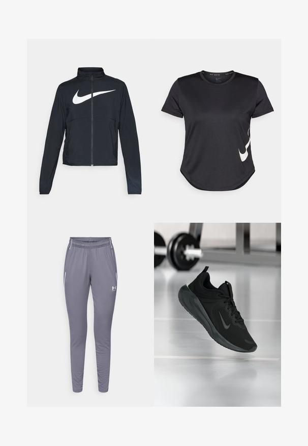Svart joggebund med hel glidelås, høy krage, lange ermer og stort hvitt Nike swoosh-logo over brystet.; Svart treningst-skjorte med korte ermer, med en hvit Nike swoosh-logo på den nedre siden og en avrundet kant.; Grå treningsbukser med slim fit, laget av glatt stoff. Har elastisk liv og to sidelommer med hvite detaljer.; Sorte treningssneakers med Nike-logo, vist midt i luften på gymgulvet, med uskarp manualstativ i bakgrunnen.