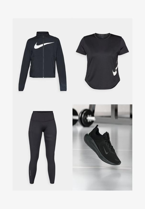Černá sportovní bunda na zip s vysokým límcem, dlouhými rukávy a velkým bílým logem Nike swoosh přes prsa.; Černé sportovní tričko s krátkým rukávem, se znakem Nike v bílé barvě na spodní straně a zaobleným lemem.; Černé sportovní legíny vyrobené z elastického materiálu, s vysokým pasem, boční kapsou a texturovanými vodorovnými pruhy na jedné noze.; Černé sportovní tenisky s logem Nike, zobrazené ve vzduchu na podlaze tělocvičny, s rozostřeným regálem s činkami na pozadí.