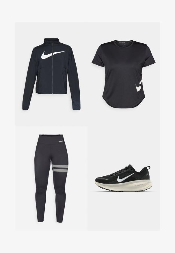 Czarna bluza sportowa na zamek błyskawiczny z wysokim kołnierzem, długimi rękawami i dużym białym logo Nike na klatce piersiowej.; Czarny sportowy t-shirt z krótkim rękawem, z białym logo Nike w kształcie Swoosh na dolnej stronie i okrągłym dołem.; Czarne sportowe legginsy o wysokim stanie z dwoma białymi ukośnymi paskami na prawej udzie i małym logo "STRONGER" na talii.; Czarna biegowa półbut z oddychającej siateczki, białym logo swoosh, teksturowanymi detalami oraz kremową podeszwą środkową ZoomX.