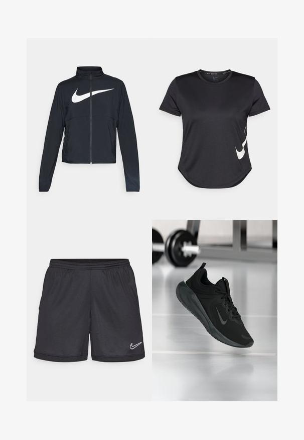 Black full-zip sports jacket with high collar, long sleeves, and large white Nike swoosh logo across the chest.; Black athletic t-shirt with short sleeves, featuring a white Nike swoosh logo on the lower side and a rounded hem.; Black athletic shorts with an elastic waistband, featuring a white Nike logo on the lower right hem and a smooth, lightweight fabric.; Black sports sneaker with Nike logo, shown mid-air on gym floor, with blurred dumbbell rack in background.