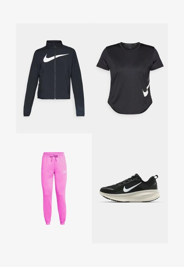 Schwarze Sportjacke mit vollem Reißverschluss, hohem Kragen, langen Ärmeln und großem weißen Nike-Swoosh-Logo auf der Brust.; Schwarzes sportliches T-Shirt mit kurzen Ärmeln, das ein weißes Nike-Swoosh-Logo an der Unterseite und einen abgerundeten Saum aufweist.; Rosa Fleece-Jogginghose mit elastischem Bund und Kordelzug. Verfügt über Seitentaschen und ein weißes Under Armour-Logo am linken Oberschenkel.; Schwarzer Nike-Laufschuh mit atmungsaktivem Mesh-Obermaterial, weißem Swoosh-Logo, strukturierten Details und einer cremefarbenen ZoomX-Zwischensohle.
