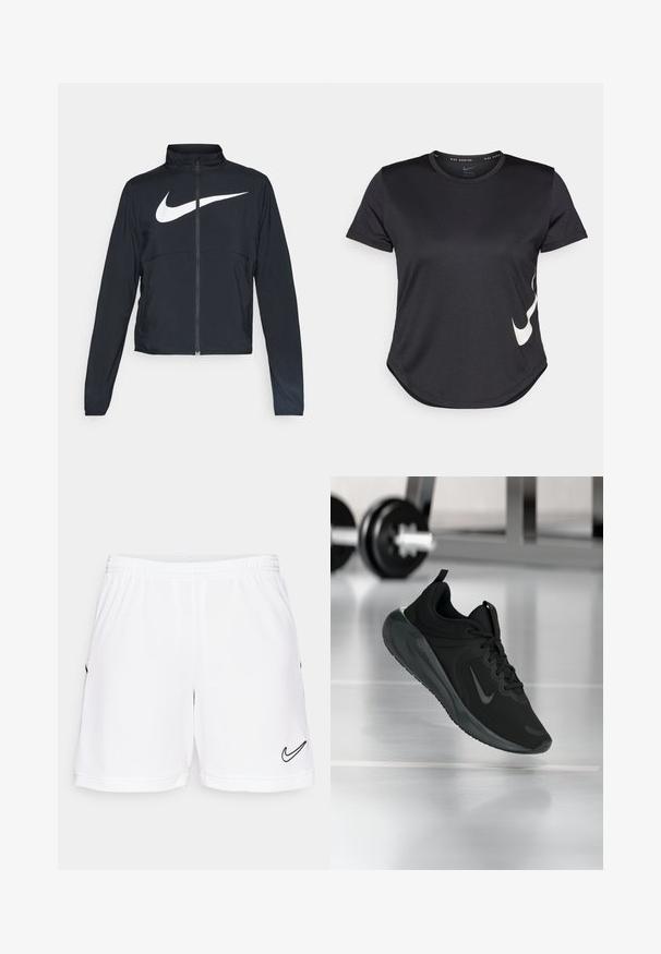 Jachetă sport neagră cu fermoar pe toată lungimea, guler înalt, mâneci lungi și un logo mare alb Nike swoosh pe piept.; Tricou sport negru cu mâneci scurte, având un logo alb Nike swoosh pe partea inferioară și o margine rotunjită.; Şorturi atletice albe cu talie elastică, având un logo nike swoosh negru în partea stângă jos și detalii texturate subtile.; Tenisii sport negru cu logo-ul Nike, arătați în aer deasupra podelei de sală de sport, cu un suport pentru haltere neclar în fundal.