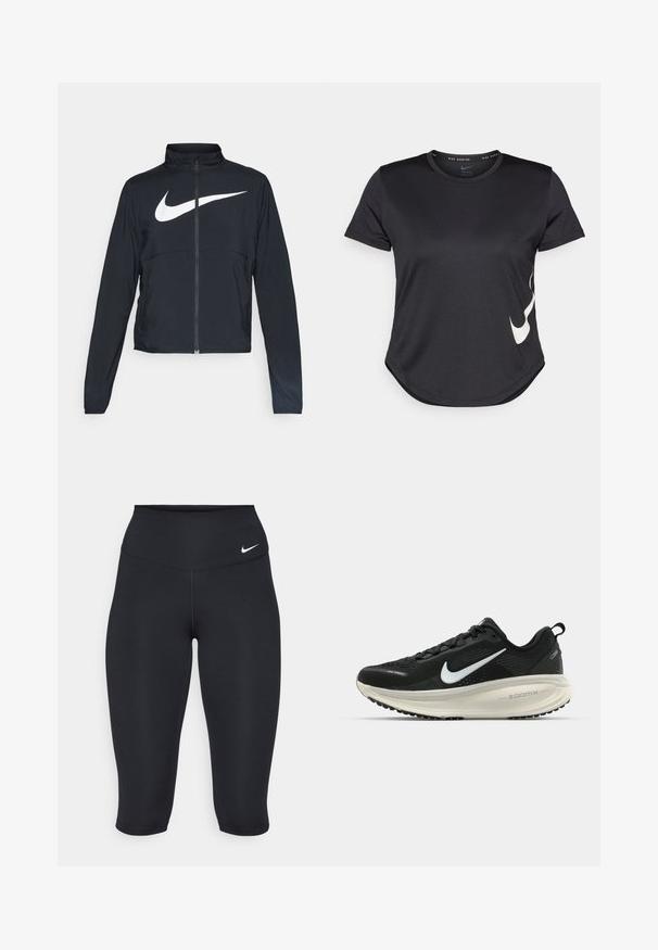 Črna športna jakna z polnim zadrgo, visokim ovratnikom, dolgimi rokavi in velikim belim logotipom Nike swoosh čez prsi.; Črna atletska majica s kratkimi rokavi, z belim Nike swoosh logotipom na spodnji strani in okroglo obrobo.; Nike črne capri legice imajo visok pas, gladko elastično tkanino in subtilen logotip na sprednji strani.; Črne Nike tekaške čevlje z zračno mrežno zgornjim delom, belim logotipom Swoosh, teksturiranimi detajli in smetanasto barvnim srednjim delom ZoomX.