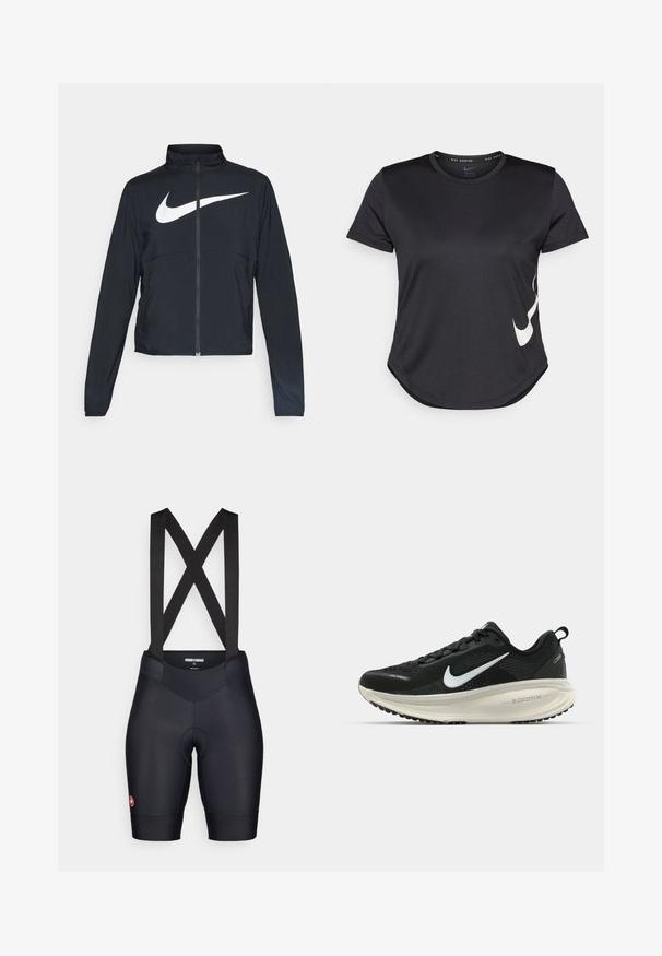 Melnā sporta jaka ar pilnu rāvējslēdzēju, augstu apkakli, garām piedurknēm un lielu baltu Nike swoosh logotipu krūšu daļā.; Melnas sporta T-krekls ar īsām piedurknēm, kuram uz apakšējās daļas ir balts Nike swoosh logotips un noapaļota apakšmala.; Melnie riteņbraukšanas šorti ar krusteniskām plecu siksnām, piedāvājot polsterētu sēdekli un gludu, elastīgu audumu komfortam un elastīgumam.; Melnas Nike skriešanas kurpes ar elpojošu acs augšdaļu, baltu Swoosh logotipu, strukturētu apdari un krēmkrāsas ZoomX starpsole.