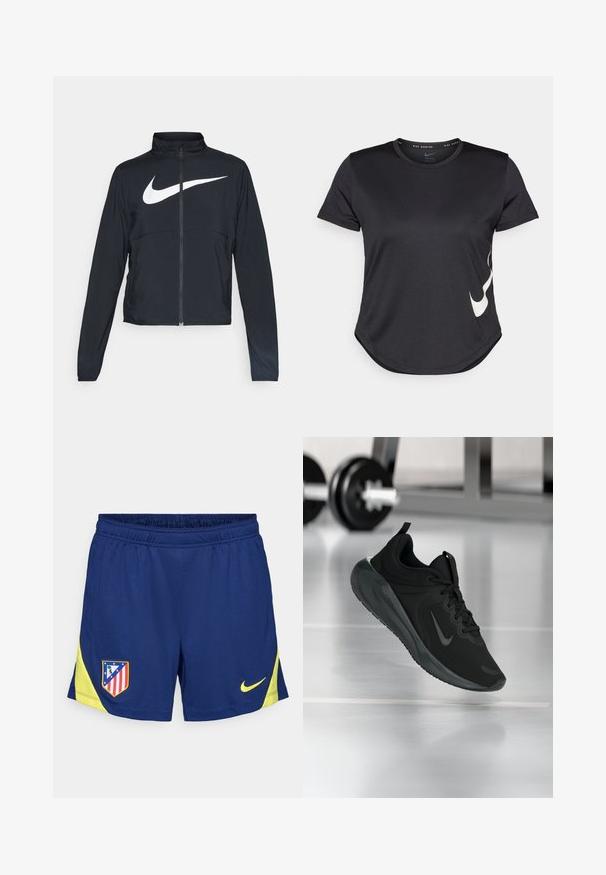 Zwarte sportjas met volledige rits, hoge kraag, lange mouwen en groot wit Nike swoosh-logo op de borst.; Zwarte sportieve T-shirt met korte mouwen, voorzien van een witte Nike swoosh-logo aan de onderzijde en een ronde zoom.; Marineblauwe sportshorts met gele accenten, voorzien van een elastische tailleband en zij-inzetten. Geborduurd clublogo op de linker dij.; Zwarte sportsneaker met Nike-logo, weergegeven in de lucht boven de gymvloer, met een vervaagde halterrek op de achtergrond.