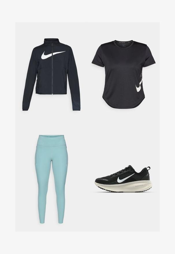 Casaco desportivo preto com fecho éclair completo, gola alta, mangas longas e grande logótipo branco da Nike na parte frontal.; T-shirt atlético preto de mangas curtas, com o logótipo swoosh em branco da Nike na parte inferior e uma barra arredondada.; Leggings azul claro feitos de material elástico, com uma cintura alta, design sem costuras e mínimos detalhes brancos nas laterais.; Sapatilha de corrida Nike preta com parte superior de malha respirável, logotipo Swoosh branco, detalhes texturizados e uma entressola ZoomX na cor creme.