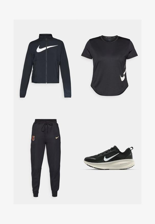 Čierna športová bunda na zips s vysokým golierom, dlhými rukávmi a veľkým bielym logom Nike na hrudi.; Čierne športové tričko s krátkym rukávom, s bielym logom Nike swoosh na spodnej strane a zaobleným lemom.; Čierne tepláky vyrobené z pleteniny s obsahom bavlny, vybavené elastickým pásom so sťahovacou šnúrkou, bočnými vreckami a vyšívanými logami v zlatej a farebnej kombinácii.; Čierne bežecké topánky Nike s priedušnou sieťovinou, bielym logom s symbolom swoosh, textúrovanými detailmi a krémovou ZoomX medzipodrážkou.