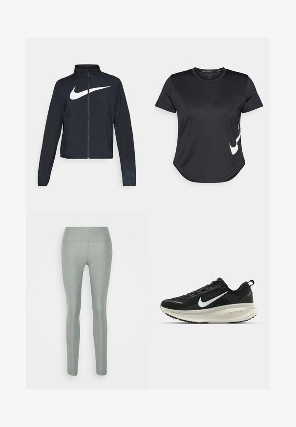 Fekete, teljes cipzáros sportdzseki magas gallérral, hosszú ujjal, amelyen egy nagy, fehér Nike logó található a mellkason.; Fekete sportpóló rövid ujjal, az alsó részén fehér Nike pipa logóval és lekerekített hem.; Világoszöld leggings elasztikus anyagból, sima textúrával, magas derékkal és testhezálló fazonnal. Nincsenek látható minták vagy kiegészítők.; Fekete Nike futócipő légáteresztő hálós felsőrésszel, fehér Swoosh logóval, textúrázott részletekkel és krém színű ZoomX középtalppal.