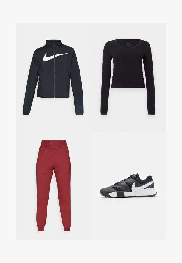 Chaqueta deportiva negra de cremallera completa con cuello alto, mangas largas y gran logo de Nike en blanco en el pecho.; Camiseta de manga larga y corte crop en algodón negro sólido. Presenta un escote redondo y un ligero fruncido en los laterales para un ajuste entallado.; Pantalones jogger rojos de tiro alto con cinturilla elástica y puños, que cuentan con bolsillos delanteros de parche y un ajuste ceñido y estrechado.; Zapatilla deportiva negra y gris con parte superior texturizada, marca blanca, cordones y suela de goma con patrones de agarre.