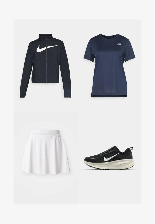 Crna sportska jakna s punim patentnim zatvaračem, visokim ovratnikom, dugim rukavima i velikim bijelim Nike swoosh logom preko grudi.; Mornariće plava atletska majica s kratkim rukavima, sa rebrastom teksturom i srebrnim logotipom na gornjoj lijevoj strani. Dizajn sa opuštenim krojem.; Bijela suknja u obliku zvona od mekog materijala, s elastičnim pojasom i glatkom teksturom. Minimalistički dizajn bez uzoraka ili ukrasa.; Crne Nike trkačke tenisice s prozračnom mrežastom gornjom konstrukcijom, bijelim swoosh logotipom, teksturiranim detaljima i kremastom ZoomX srednjom potplatnom jedinicom.