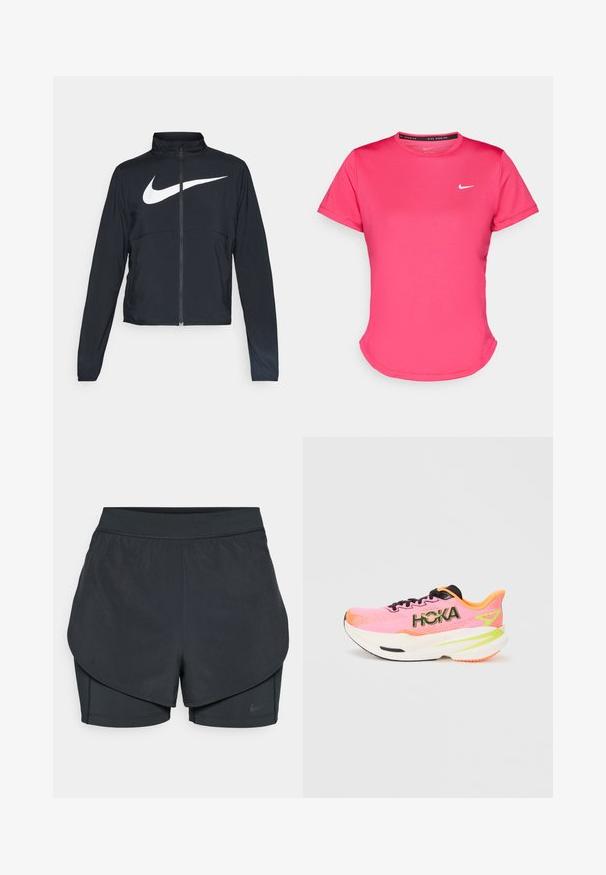 Jachetă sport neagră cu fermoar pe toată lungimea, guler înalt, mâneci lungi și un logo mare alb Nike swoosh pe piept.; Tricou atlet, cu mânecă scurtă, de culoare roz, fabricat dintr-un material fin și ușor. Are un mic logo Nike alb pe piept și o margine curbată subtilă.; Șorturi sportive negre cu un design stratificat, având o strat exterior neted și șorturi interioare ajustate. Fabricate dintr-un material ușor și elastic.; Pantof de sport roz cu superior din plasă, șireturi negre și logo-ul proeminent "HOKA". Dispune de o talpă albă cu amortizare, având accente portocalii și verzi.