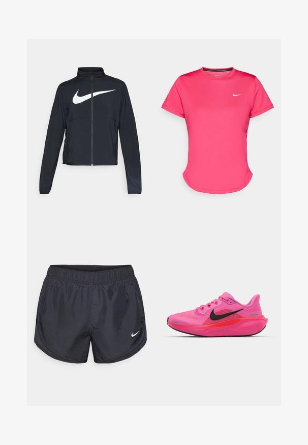 Zwarte sportjas met volledige rits, hoge kraag, lange mouwen en groot wit Nike swoosh-logo op de borst.; Korte mouwen roze sport T-shirt gemaakt van een gladde, lichtgewicht stof. Heeft een klein wit Nike-logo op de borst en een subtiele gebogen hem.; Zwarte sportshorts met een elastische tailleband, gemaakt van lichtgewicht materiaal, met een klein wit Nike-logo aan de onderste linkerkant.; Nike Performance AIR ZOOM PEGASUS 41 - Hardloopschoenen voor op de weg - playful pink/off noir/hyper pink/bright crimson/metallic silver