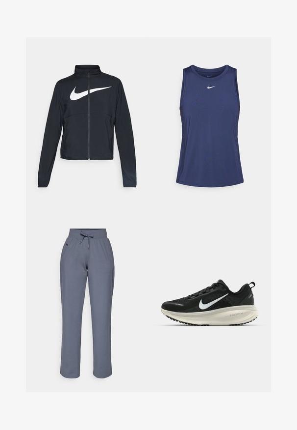 Sort fuld-zip sportsjakke med høj krave, lange ærmer og stort hvidt Nike swoosh-logo på brystet.; Mørkeblå ærmeløs atletisk top lavet af glat, let materiale. Har en rund udskæring og et lille hvidt Nike-logo på brystet.; Grå sweatpants lavet af blødt stof, med elastisk talje, snørebånd og et logo på siden. Lige ben-design.; Sort Nike løbesko med åndbart mesh-overdel, hvidt swoosh-logo, tekstureret detaljering og en cremede ZoomX mellemsål.