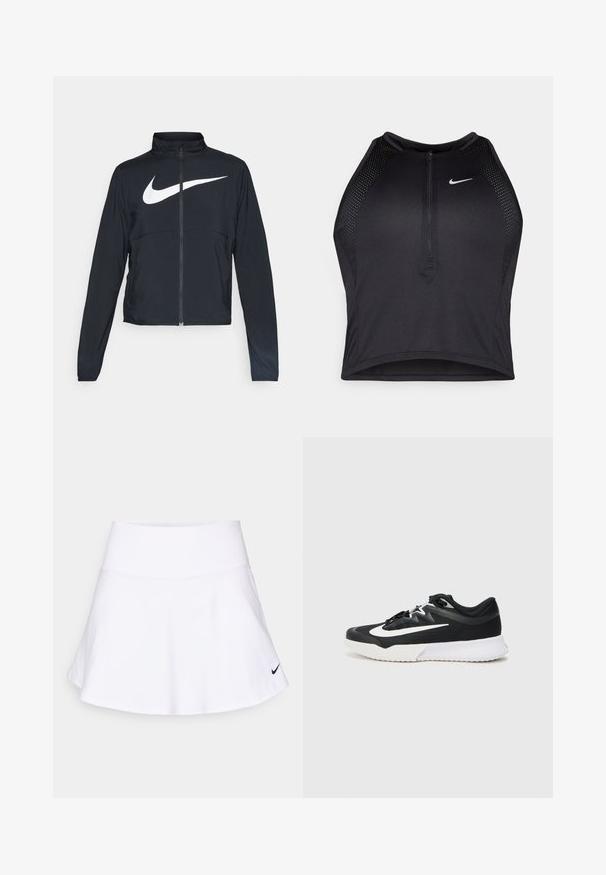 Juodas sportinis džemperis su visiškai užtraukiama užtrauktuku, aukšta apykakle, ilgomis rankovėmis ir dideliu baltu Nike swoosh logotipu per krūtinę.; Juodas sportinis trumpas viršus su užtrauktuku priekyje, tinklinėmis detalėmis ir prigludusia forma. Pagamintas iš tamprios, kvėpuojančios medžiagos. Nike logotipas priekyje.; Balta sportinė sijonas, pagamintas iš lengvos medžiagos, turintis platėjantį dizainą ir juodą Nike logotipą dešinėje apačioje. Lygus paviršius.; Juoda sportinė batų su baltais akcentais, turinti tekstūruotą viršutinę dalį, apvalų pirštą, lygius raiščius ir storą baltą gumos padas.