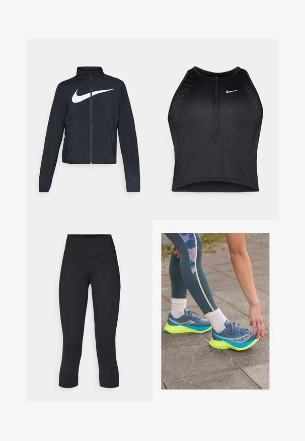 Zwarte sportjas met volledige rits, hoge kraag, lange mouwen en groot wit Nike swoosh-logo op de borst.; Zwarte atletische crop top met een rits aan de voorkant, mesh accenten en een aansluitend ontwerp. Gemaakt van rekbare, ademende stof. Nike-logo aan de voorkant.; Zwarte cropped leggings van rekbaar materiaal, met een hoge tailleband en een gladde textuur, zonder zichtbare patronen of hardware.; Saucony ENDORPHIN PRO 4 - Hardloopschoenen voor op de weg - mirage/citron