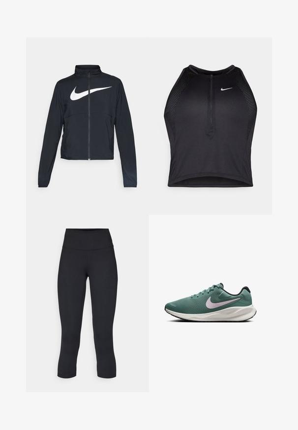 Giacca sportiva nera con zip completa, colletto alto, maniche lunghe e grande logo swoosh bianco Nike sul petto.; Top corto atletico nero con zip frontale, dettagli in rete e un design aderente. Realizzato in tessuto elasticizzato e traspirante. Logo Nike sul davanti.; Leggings cropped neri realizzati in tessuto elasticizzato, con vita alta e texture liscia, senza motivi o componenti visibili.; Scarpa da corsa verde a rete con suola bianca e nera. Presenta un logo Nike di colore viola chiaro e una tomaia texturizzata per la traspirabilità.