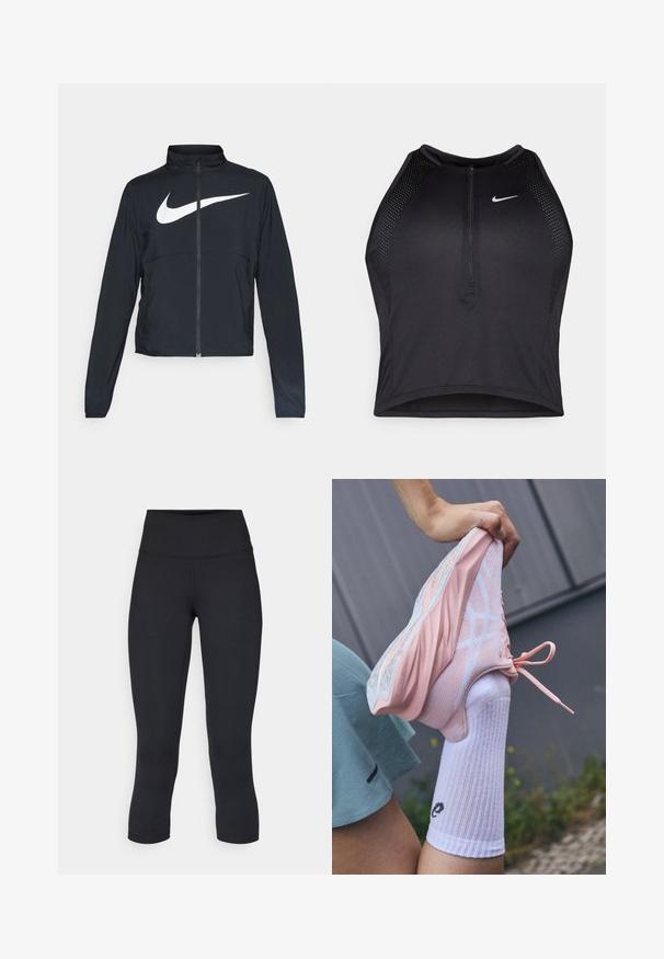 Čierna športová bunda na zips s vysokým golierom, dlhými rukávmi a veľkým bielym logom Nike na hrudi.; Čierny športový crop top so zipsom vpredu, sieťovými prvkami a priliehavým strihom. Vyrobený z pružného, priedušného materiálu. Logo Nike na prednej strane.; Čierne skrátené legíny vyrobené z elastického materiálu, s vysokým pásom a hladkou textúrou, bez viditeľných vzorov alebo kovania.; Svetloružová atletická topánka s meshovými a pevným prekrytím, zdvihnutou podrážkou a bielymi akcentmi, v kombinácii s bielou rebrovanou ponožkou so štítkom.