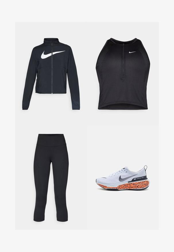 Schwarze Sportjacke mit vollem Reißverschluss, hohem Kragen, langen Ärmeln und großem weißen Nike-Swoosh-Logo auf der Brust.; Schwarzes sportliches Crop-Top mit Reißverschluss vorne, Netz-Akzenten und figurnaher Passform. Hergestellt aus dehnbarem, atmungsaktivem Material. Nike-Logo auf der Vorderseite.; Schwarze, cropped Leggings aus dehnbarem Material, mit einem hohen Bund und glatter Textur, ohne sichtbare Muster oder Hardware.; Nike Performance ZOOMX INVINCIBLE RN FK 3 OLY - Laufschuh Straße - multi-coloured