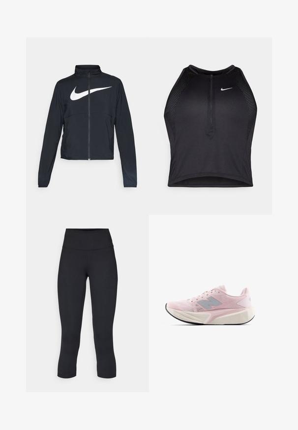Musta urheilutakki, jossa on täysivetoketju, korkea kaulus, pitkät hihat ja suuri valkoinen Nike-tikkauksella rintaosa.; Musta urheilullinen crop-top, jossa on vetoketjukiinnitys, verkkokankaiset yksityiskohdat ja istuva malli. Valmistettu joustavasta ja hengittävästä kankaasta. Nike-logo edessä.; Musta lyhyet legginsit joustavasta kankaasta, joissa on korkea vyötärö ja sileä pinta, ilman näkyviä kuvioita tai metalliosia.; Vaaleanpunaiset juoksukengät, joissa on teksturoitu verkko-osa, harmaat yksityiskohdat, paksu valkoinen vaimennusosa ja joustava musta ulkopohja. Sisältää pehmustetun nilkka- ja kielen osan.