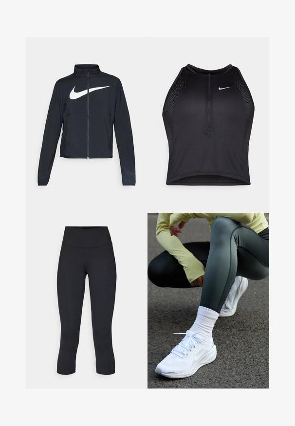 Veste de sport noire zippée sur toute la longueur avec un col haut, des manches longues et un grand logo Nike swoosh blanc sur la poitrine.; Crop top sportif noir avec fermeture éclair à l'avant, accents en mesh et design ajusté. Fabriqué en tissu extensible et respirant. Logo Nike à l'avant.; Leggings noirs coupés en tissu extensible, avec une taille haute et une texture lisse, sans motifs ni éléments visibles.; Des chaussures de sport blanches avec une tige en mesh, des lacets plats et une semelle rembourrée, associées à des leggings vert foncé et un haut à manches longues jaune clair.