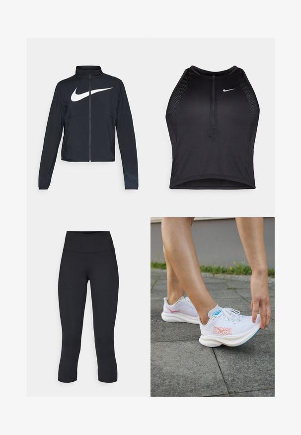 Veste de sport noire zippée sur toute la longueur avec un col haut, des manches longues et un grand logo Nike swoosh blanc sur la poitrine.; Crop top sportif noir avec fermeture éclair à l'avant, accents en mesh et design ajusté. Fabriqué en tissu extensible et respirant. Logo Nike à l'avant.; Leggings noirs coupés en tissu extensible, avec une taille haute et une texture lisse, sans motifs ni éléments visibles.; HOKA MACH 6 - Chaussures de running sur route - white/nimbus cloud
