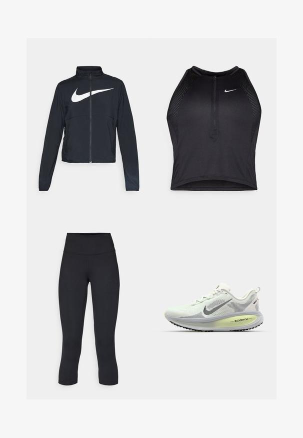 Schwarze Sportjacke mit vollem Reißverschluss, hohem Kragen, langen Ärmeln und großem weißen Nike-Swoosh-Logo auf der Brust.; Schwarzes sportliches Crop-Top mit Reißverschluss vorne, Netz-Akzenten und figurnaher Passform. Hergestellt aus dehnbarem, atmungsaktivem Material. Nike-Logo auf der Vorderseite.; Schwarze, cropped Leggings aus dehnbarem Material, mit einem hohen Bund und glatter Textur, ohne sichtbare Muster oder Hardware.; Nike Performance VOMERO 18 - Laufschuh Straße - summit white/black/barely volt/light silver/metallic silver