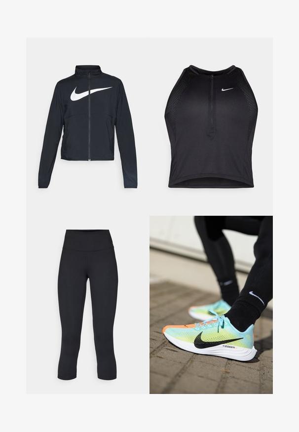 Crna sportska jakna s punim patentnim zatvaračem, visokim ovratnikom, dugim rukavima i velikim bijelim Nike swoosh logom preko grudi.; Crni sportski crop top s patentnim zatvaračem, mrežastim detaljima i prilagođenim dizajnom. Izrađen od rastezljivog, prozračnog materijala. Nike logo na prednjoj strani.; Crne skraćene tajice od rastezljivog materijala, s visokim strukom i glatkom teksturom, bez vidljivih uzoraka ili dodataka.; Nike ZoomX tenisice za trčanje imaju mrežastu gornji dio u mint zelenoj boji s crnim detaljima, narančasti zaštitni vrh i bijelu potplat s teksturiranim gripom.