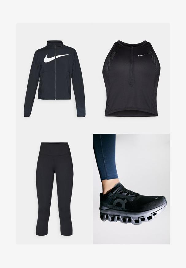 Black full-zip sports jacket with high collar, long sleeves, and large white Nike swoosh logo across the chest.; Black athletic crop top with a zip-front, mesh accents, and a fitted design. Made from stretchy, breathable fabric. Nike logo on front.; Black cropped leggings made of stretchy fabric, featuring a high waistband and smooth texture, with no visible patterns or hardware.; Black running shoe with a textured upper and a distinctive midsole featuring a unique segmented design. Accented with a logo on the side.