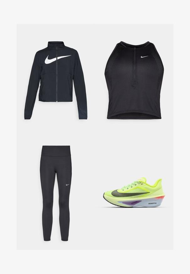Musta urheilutakki, jossa on täysivetoketju, korkea kaulus, pitkät hihat ja suuri valkoinen Nike-tikkauksella rintaosa.; Musta urheilullinen crop-top, jossa on vetoketjukiinnitys, verkkokankaiset yksityiskohdat ja istuva malli. Valmistettu joustavasta ja hengittävästä kankaasta. Nike-logo edessä.; Mustat leggingsit joustavasta kankaasta, joissa on korkea vyötärö ja valkoinen Nike-logo vasemmassa reidessä. Sileä pinta, muotoaan myötäilevä suunnittelu.; Vihreä ja keltainen juoksukenkä, jossa on verkkomateriaali, pyöreä kärki, mustat ja hopeiset yksityiskohdat sekä monivärinen vaahtopohja, jossa on "ZOOMX" -brändäys.
