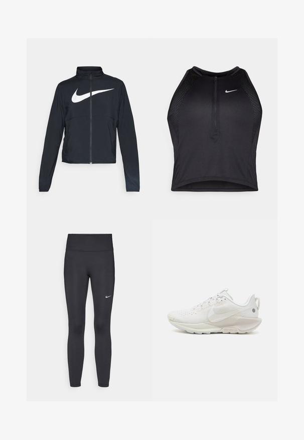 Giacca sportiva nera con zip completa, colletto alto, maniche lunghe e grande logo swoosh bianco Nike sul petto.; Top corto atletico nero con zip frontale, dettagli in rete e un design aderente. Realizzato in tessuto elasticizzato e traspirante. Logo Nike sul davanti.; Leggings neri realizzati in tessuto elasticizzato, con una vita alta e un logo Nike bianco sulla coscia sinistra. Tessuto liscio, design aderente.; Nike Performance REACTX PEGASUS 5 - Scarpe da trail running - summit white/sail/light orewood brown