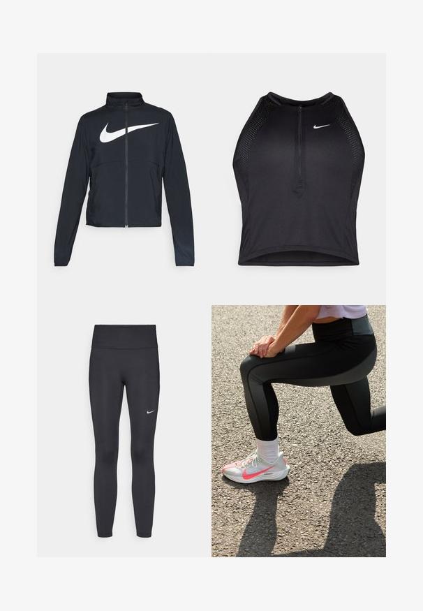 Zwarte sportjas met volledige rits, hoge kraag, lange mouwen en groot wit Nike swoosh-logo op de borst.; Zwarte atletische crop top met een rits aan de voorkant, mesh accenten en een aansluitend ontwerp. Gemaakt van rekbare, ademende stof. Nike-logo aan de voorkant.; Zwarte legging van rekbare stof met een hoge tailleband en een wit Nike-logo op de linkerdij. Gladde textuur, aansluitend ontwerp.; Nike Performance PEGASUS PLUS - Hardloopschoenen voor op de weg - barely grey/hot punch/white/black