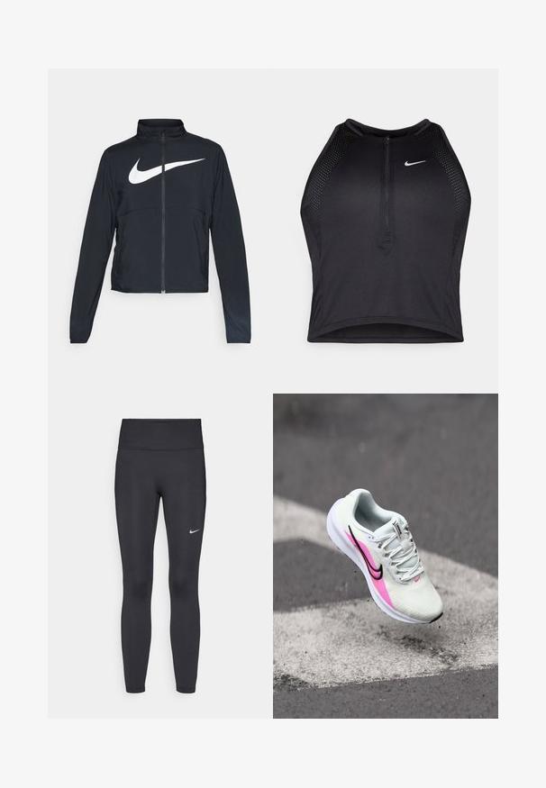 Melnā sporta jaka ar pilnu rāvējslēdzēju, augstu apkakli, garām piedurknēm un lielu baltu Nike swoosh logotipu krūšu daļā.; Melnā sportiskā augšdaļa ar rāvējslēdzēju priekšpusē, acs akcenti un pieguloša dizaina. Izgatavota no elastīga, elpojoša auduma. Nike logo priekšpusē.; Melnas legingi, izgatavoti no elastīga auduma, ar augstu jostu un baltu Nike logotipu kreisajā augšstilbā. Gluda tekstūra, piegulošs dizains.; Vieglas skriešanas kurpes ar baltu acs materiālu, kas satur rozā un melnus akcentus, paaugstinātu papēdi un strukturētu zoli, novietotas gaisā virs asfalta.