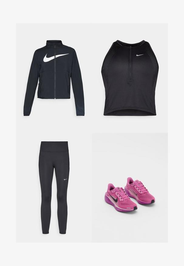 Juodas sportinis džemperis su visiškai užtraukiama užtrauktuku, aukšta apykakle, ilgomis rankovėmis ir dideliu baltu Nike swoosh logotipu per krūtinę.; Juodas sportinis trumpas viršus su užtrauktuku priekyje, tinklinėmis detalėmis ir prigludusia forma. Pagamintas iš tamprios, kvėpuojančios medžiagos. Nike logotipas priekyje.; Juodi leggingai iš elastingos medžiagos, turintys aukštą juosmenį ir baltą Nike logotipą kairėje šlaunyje. Lygus paviršius, prigludusi dizainas.; Rožiniai sportiniai bateliai su tinklelio audinio viršumi, juodu Nike ženklu, paminkštintu apvadu ir paminkštintu padu. Yra atspindintys akcentai ir raišteliai.